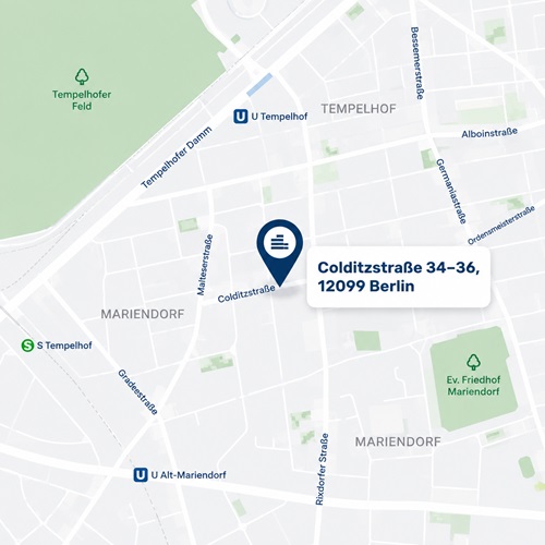Kartenausschnitt von Berlin-Tempelhof mit markiertem Standort der Akkon Hochschule in der Colditzstraße 34–36, 12099 Berlin.