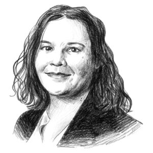 Schwarz-Weiß-Illustration einer lächelnden Frau mit schulterlangen, gewellten Haaren.