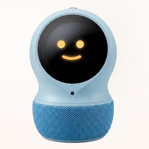 Kleiner interaktiver Roboter mit blau-weißem Gehäuse und lächelndem Gesicht auf einem schwarzen Display.