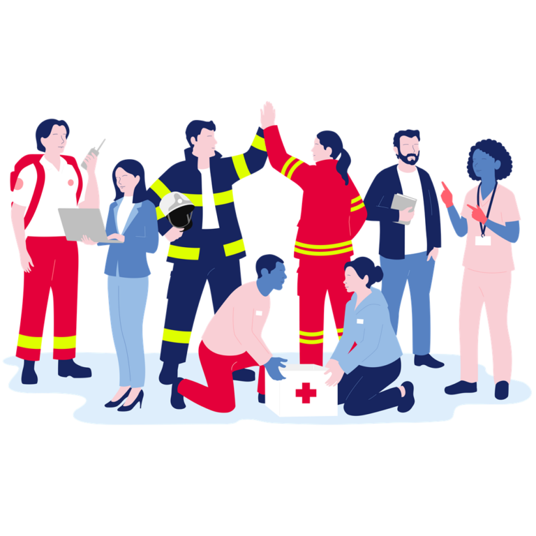 Illustration einer vielfältigen Gruppe von Menschen unterschiedlichen Alters, die gemeinsam beieinanderstehen und miteinander interagieren.