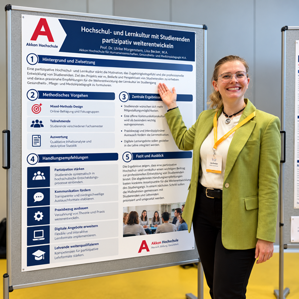 Lisa Becker, Masterstudentin der Akkon Hochschule, präsentiert beim Lernwelten Kongress 2026 ihr Forschungsprojekt zur partizipativen Weiterentwicklung der Hochschul- und Lernkultur.