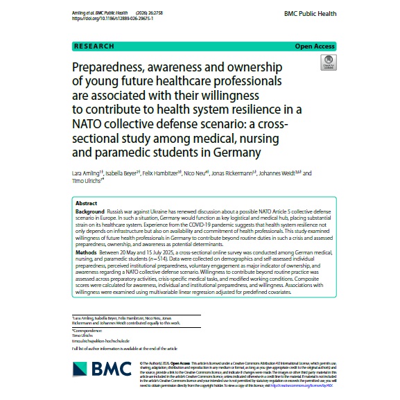Screenshot der wissenschaftlichen Publikation „Preparedness, awareness and ownership of young future healthcare professionals are associated with their willingness to contribute to health system resilience in a NATO collective defense scenario“ in der Fachzeitschrift BMC Medical Education.
